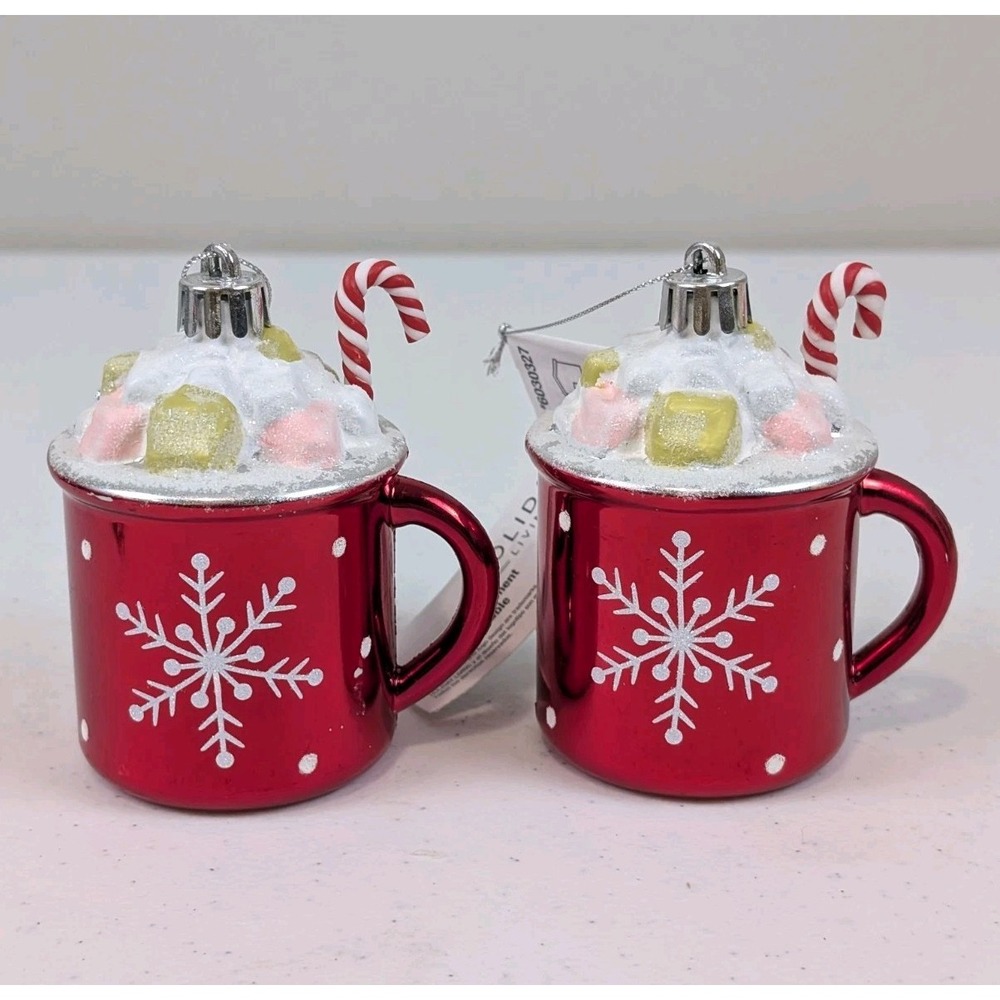 Holiday Living Hot Chocolate Mug Christmas Ornaments 2-Pk Red Candy Cane
